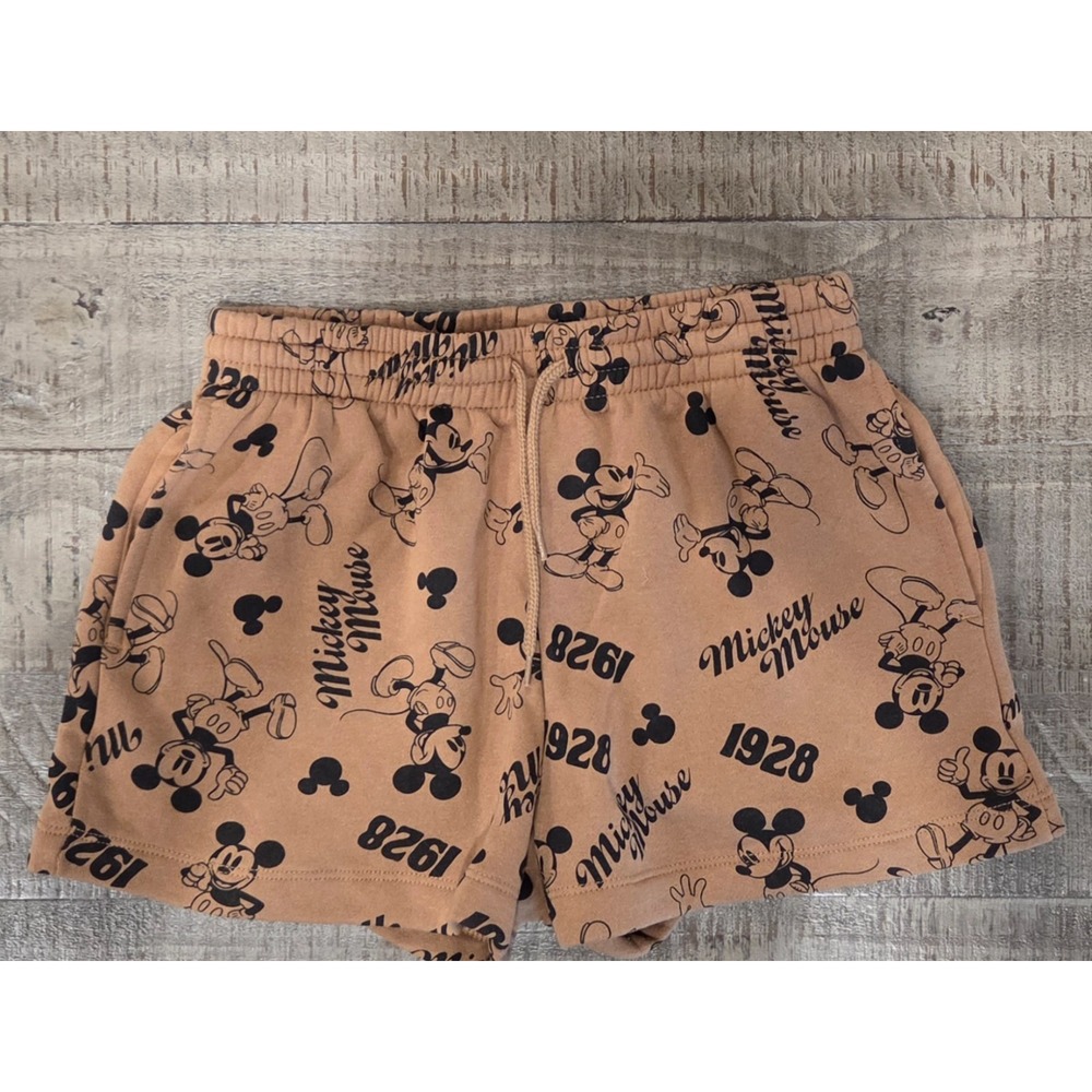 Disney Mickey Mouse Brown Fleece Sweatshorts All-Over Retro Print Size Small